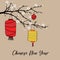 Chinese new year greeting card, invitation with hand drawn paper lanterns and blooming cherry tree branch. Asian design