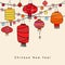 Chinese new year greeting card, invitation with string of hand drawn red lanterns. Asian party decoration. Vector