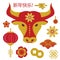 Chinese new year icons set flat style, 2021 zodiac year of ox, bull. Vector illustration
