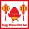 Chinese New Year Illustration with cute rooster and lampion lamp on red frame