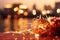 Chinese new year lantern floating on river, reflecting vibrant colors amidst natural beauty.