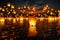 Chinese new year lantern floating on river, reflecting vibrant colors in natural beauty