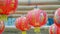 Chinese new year lanterns hanging on bamboo wood ,blessing text mean have wealth and happy