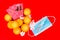 Chinese new year new greetings wtih tangerine oranges, red envelop and face mask sanitizer for protection. Chinese word