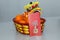 Chinese New Year orange fruit basket with beautiful Chinese dragon and angpao, front view close up Spring festival