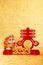 Chinese New Year Rabbit mascot on golden background at vertical composition the Chinese words means springtime and fortune no
