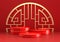 Chinese New Year red modern style three podium product showcase with golden ring frame and China pattern background. Holiday