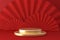 Chinese New Year style red one podium product showcase with gold circular shape with China fold fan and  pattern scene background