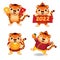 Chinese new year tiger characters. Animal mascot collection for 2022 celebration. Happy Cartoon tigers in poses with yuanbao,