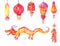 Chinese new year watercolor set. Sky lanterns, red paper oriental lamps hanging. Traditional festive dragon isolated