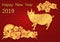 Chinese New Year. Zodiac Pigs. Image stylized as gold pigs, sakura flowers, fan. Shadow. Congratulatory inscription