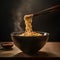 Chinese noodles in a plate on a table in close-up.