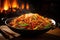 Chinese noodles with pork and vegetables in a wok on fire background, Experience a flaming spice sensation with sizzling stir-