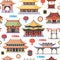 Chinese oriental architecture seamless pattern. Ancient Asian ethnic temples and palaces fascinating journey through