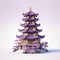 Chinese pagoda detailed in ceramics in purple and gold in deep colors.