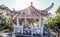 Chinese pagoda on Family Walk trail on Lamma Island in Hong Kong. Scenic landscape with sunrays