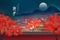 Chinese painting art background landscape view of prosperous traditional city architecture wall and mountain full moon at night.