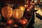 Chinese paper lanterns on row boats in water. Celebration Chinese New Year. Decorative wooden boards at night with glowing lights.