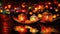 Chinese paper lanterns on row boats in water. Celebration Chinese New Year. Decorative wooden boards at night with glowing lights.