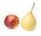 Chinese pear and red apple with sprigs on a white isolated background. Shadows.