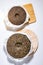 Chinese puer shu and shen in the form of pancakes. top view, vertical photo