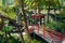 Chinese red bridge and pavilion surrounded by wild nature, palm tree and tropical plants in an exotic garden.