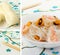 Chinese rice noodles and seafood.Collage
