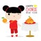 Chinese Sister Hold Orange Cute Cartoon Vector