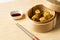 Chinese snacks. chinese yellow steamed dumpling. Chinese Traditional cuisine concept. Dumplings Dim Sum in bamboo steamer with