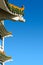 Chinese-style curved roof with dragon heads against blue sky