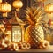 A chinese style of a majestic golden pineapple, with chinese lantern, lampion, flower petals, symbol of prosperity and growth