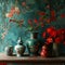 Chinese style tradition landscape green and red wallpaper