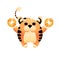 Chinese symbol of the coming new year 2022. Small striped tiger holds gold coins. Oriental sign of wealth and prosperity