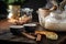 Chinese tea ceremony with ceramic cups with milk Oolong tea on wooden background