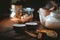 Chinese tea ceremony with ceramic cups with milk Oolong tea on wooden background. Traditional Asian drink