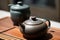 Chinese tea ceremony. Ceramic teapot made of clay and bowls. Generative ai