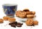 Chinese tea cup, tasty biscuit cookies and dark chocolate pieces