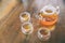 Chinese teapot and tea cups on wooden table.Chinese tea ceremony