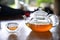 Chinese teapot and tea cups on wooden table.Chinese tea ceremony