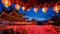 Chinese temple with hanging red lantern decoration with blue sky in Thean Hou Temple, Kuala Lumpur, Malaysia