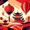 Chinese temple with lanterns and hot air balloons on red background, vector illustration generative AI