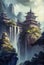 Chinese temple next to a large waterfall. Ia generative.