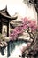 Chinese temple with a pond and cherry blossom, vertical artwork in vintage style