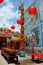 Chinese temple with urns art and red lanterns and Thai flag Pattani Thailand