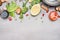 Chinese or Thai cuisine vegetables and spices cooking ingredients on gray stone background, top view