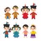 Chinese Thai Mongolian Kawaii boy and girl in national costume and hat. Cartoon children in traditional Thailand dress isolated on