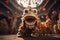 Chinese traditional lion dance costume performing at a temple, Chinese New Year