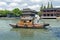 Chinese traditional rowboat in the Dianpu River in Zhujiajiao Ancient Water Town, a historic village in Shanghai, China