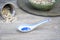 Chinese traditional spoon, soup spoon, rice on the old wooden table