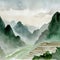Chinese traditional watercolor of terraced rice paddies with karst mountains